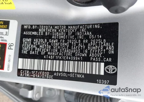 2014 Toyota Camry Le из США, поврежденный, VIN 4T4BF1FK1ER409941